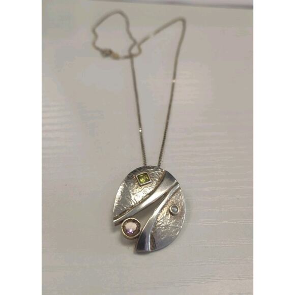 Amethyst Peridot And Pearl 925 Sterling Silver Modernist Pendant S.A.W. Signed - Picture 1 of 4